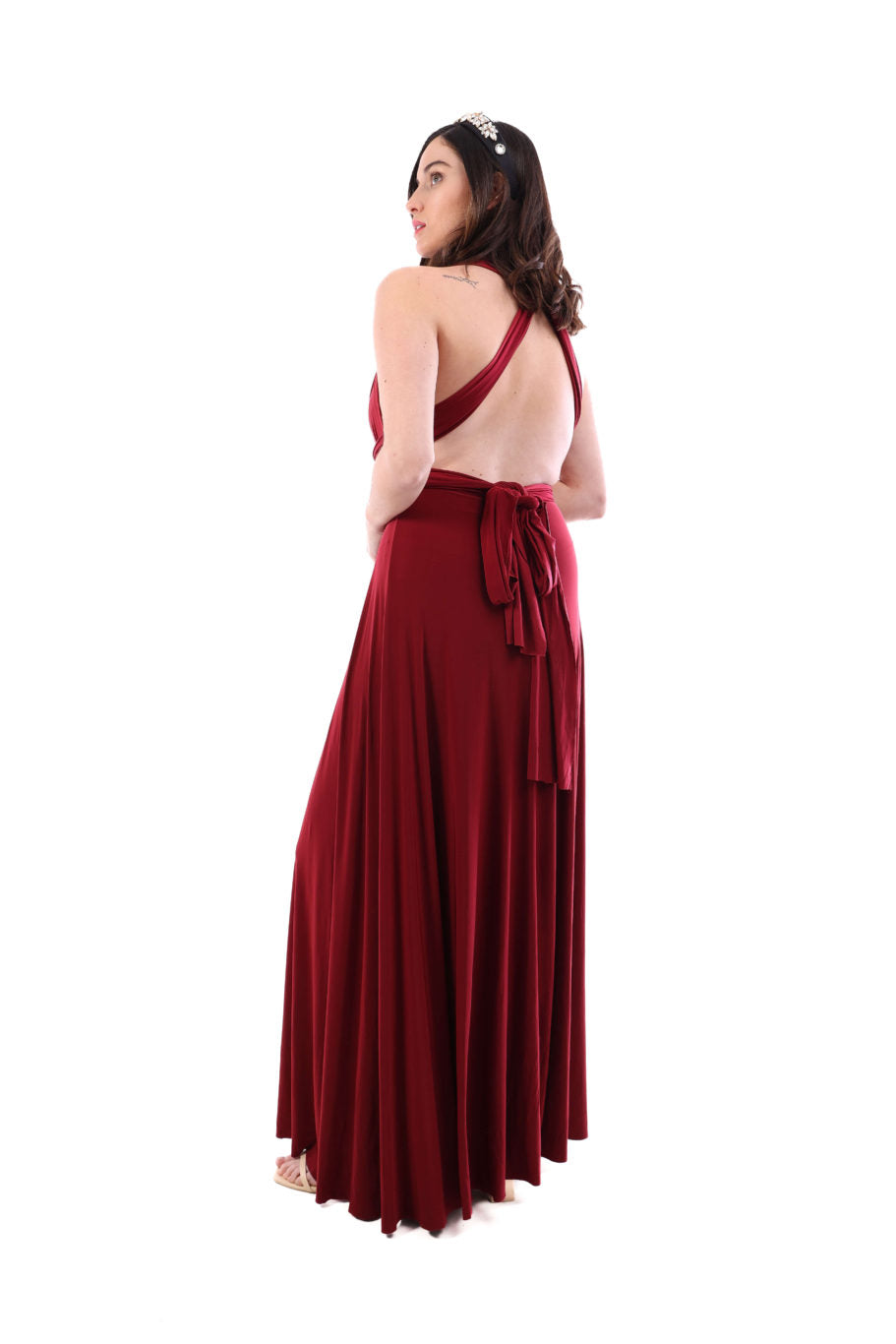 Arriendo de Vestido largo multiforma lycra pesada burdeo
