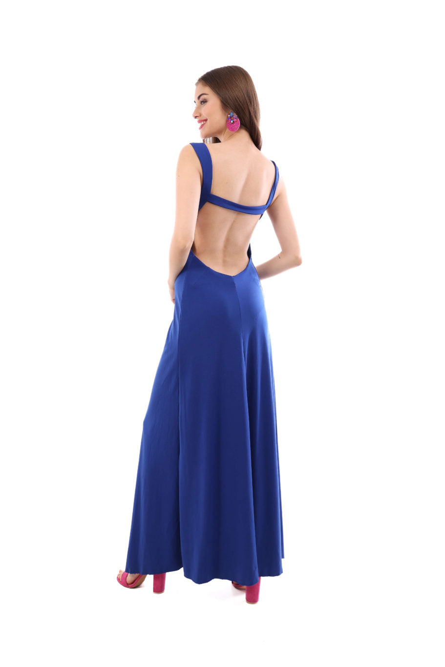 Arriendo de Vestido largo azul rey de lycra con tajo adelante y espalda baja