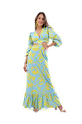 Arriendo de Vestido largo celeste con amarillo con manga larga y cortes en cintura