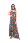 Arriendo de Vestido largo azul con cortes en cintura y estampado de flores