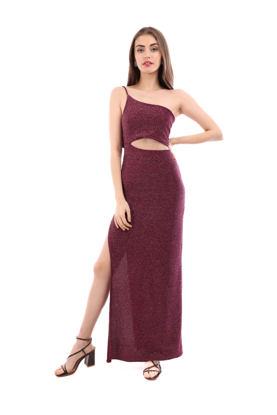 Arriendo de Vestido largo berenjena con brillos y un hombro