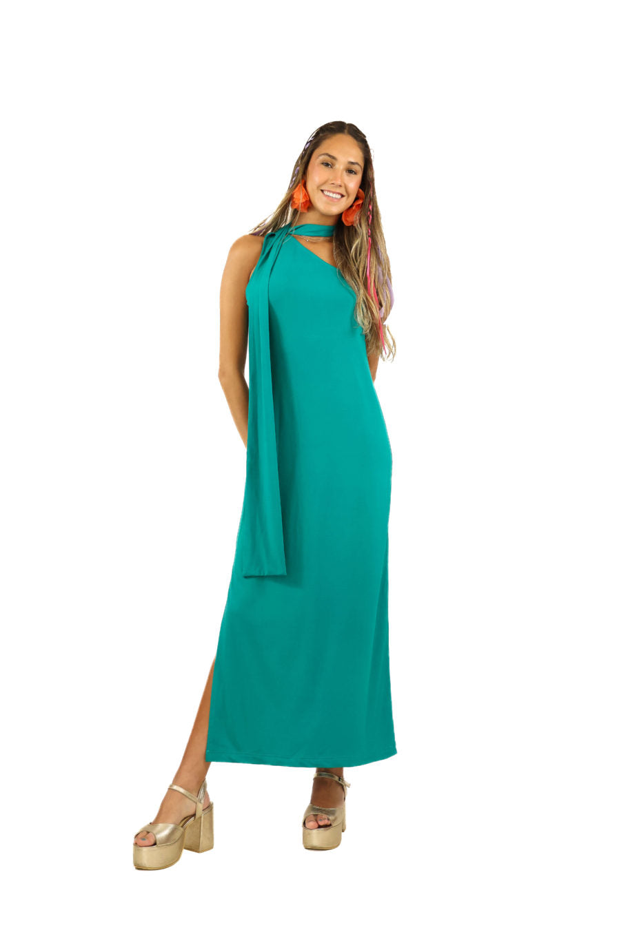 Arriendo de Vestido largo de lycra verde oscuro asimétrico
