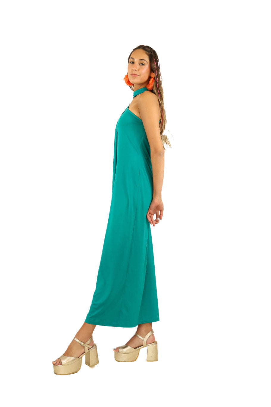 Arriendo de Vestido largo de lycra verde oscuro asimétrico