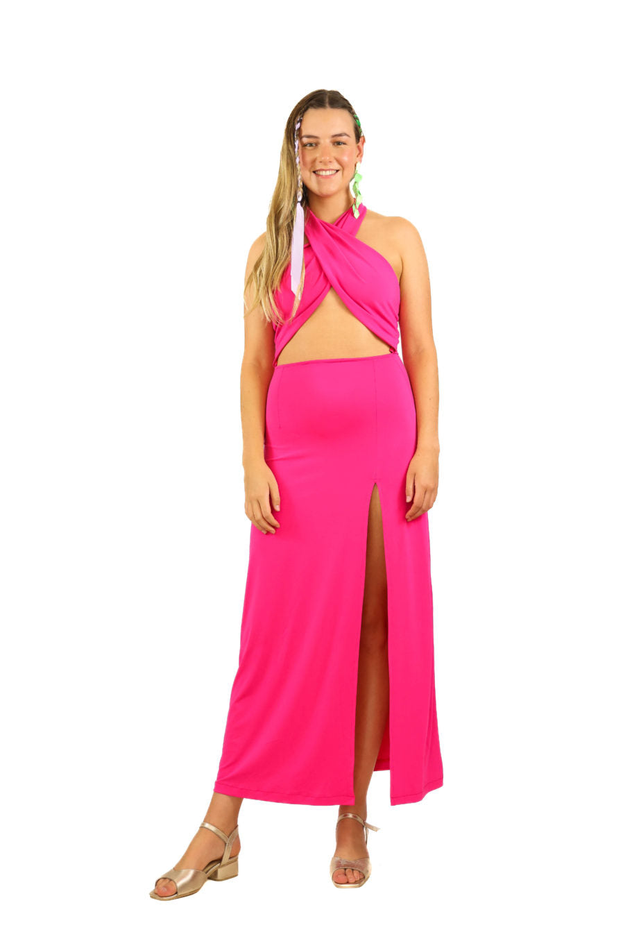 Arriendo de Vestido largo de lycra fucsia