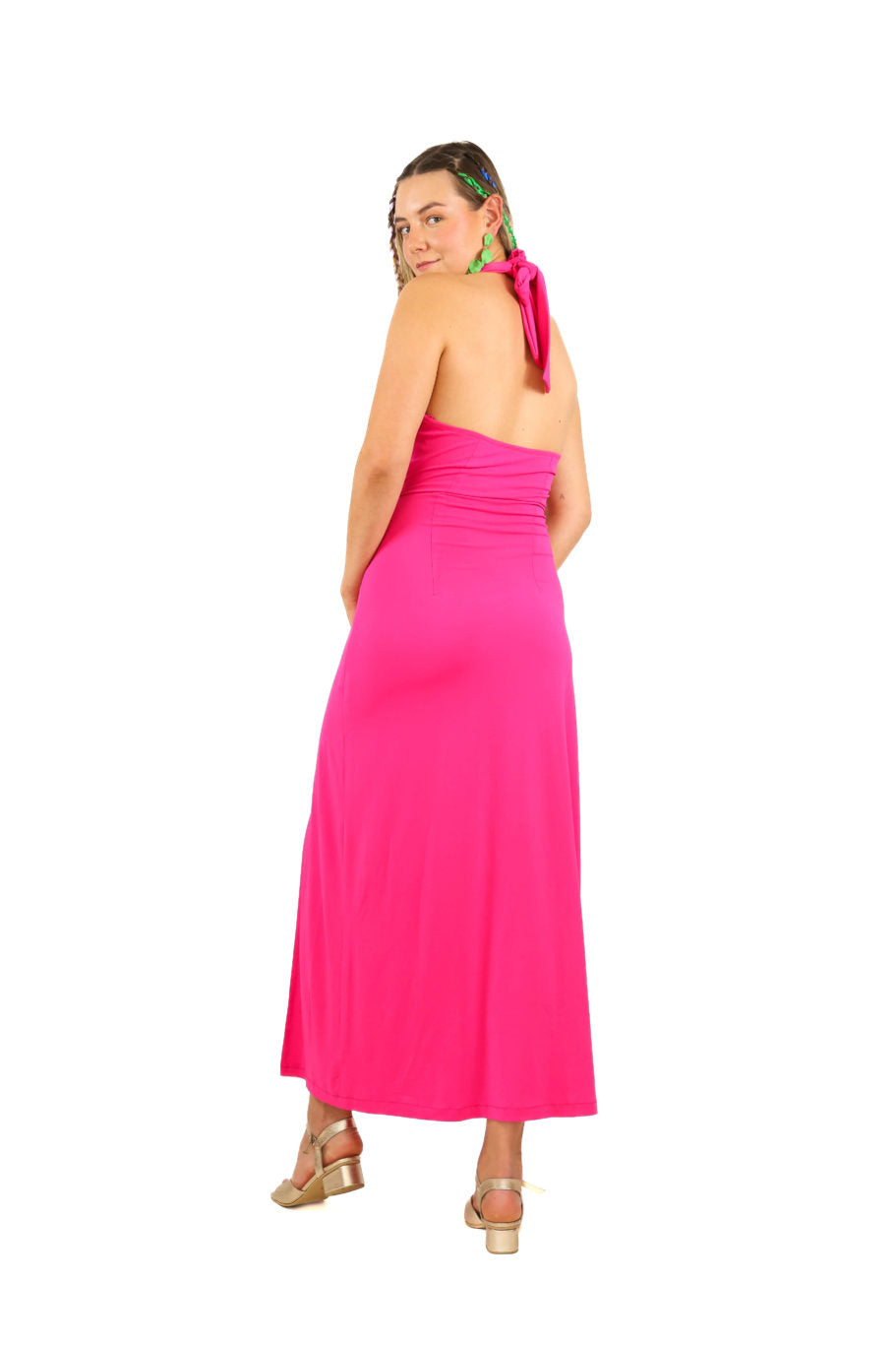 Arriendo de Vestido largo de lycra fucsia