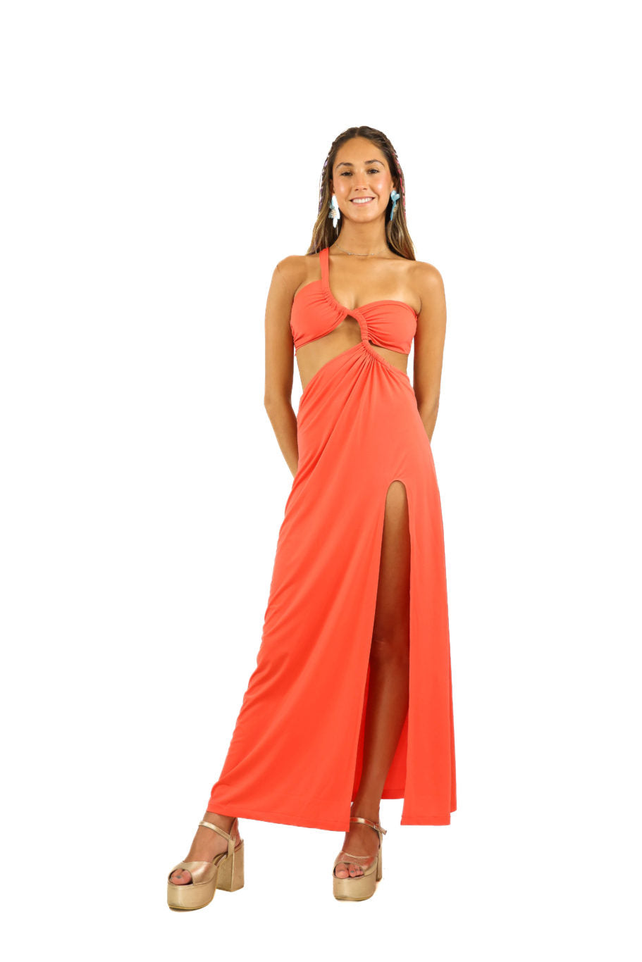 Arriendo de Vestido largo de lycra salmon asimétrico