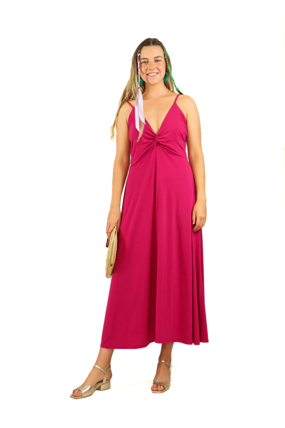 Vestido largo de lycra fucsia oscuro con nudo en escote y pabilos ajustables