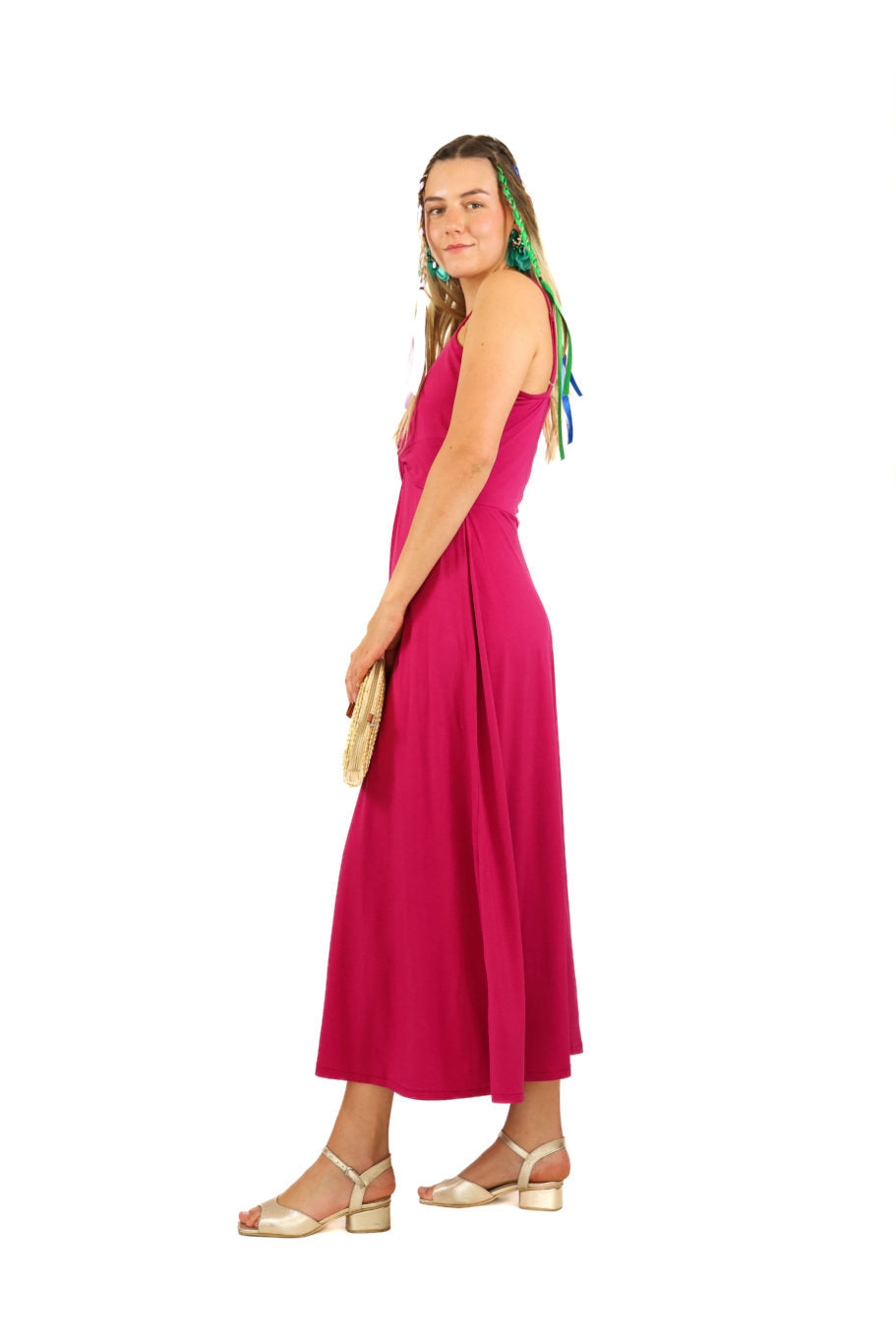 Vestido largo de lycra fucsia oscuro con nudo en escote y pabilos ajustables