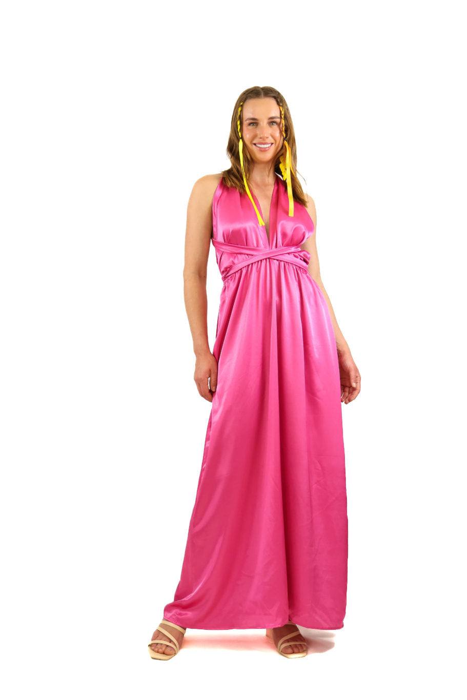Arriendo de Vestido largo de seda multiforma rosado