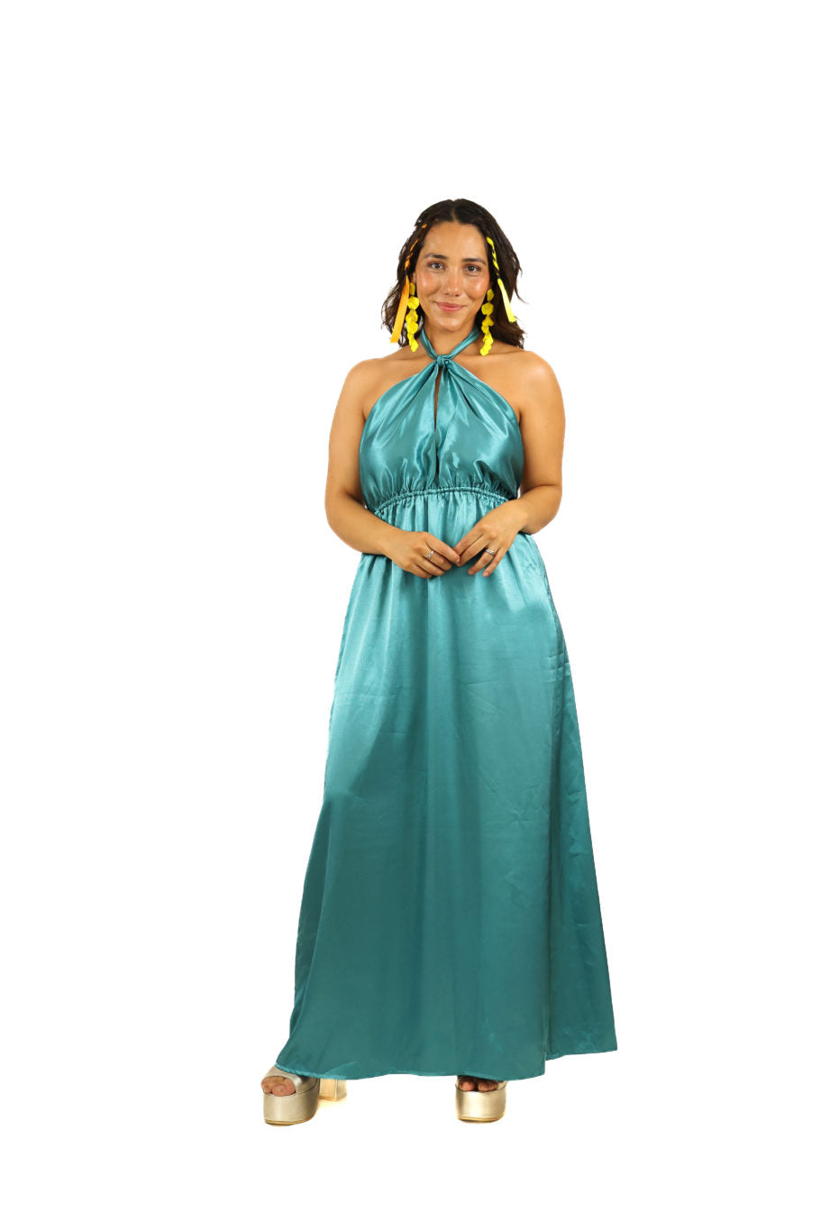 Arriendo de Vestido largo celeste de seda multiforma
