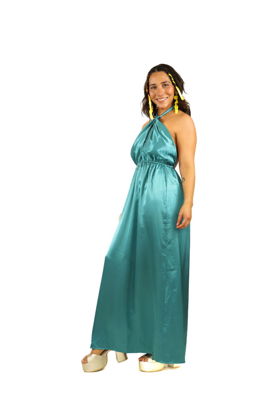 Arriendo de Vestido largo celeste de seda multiforma