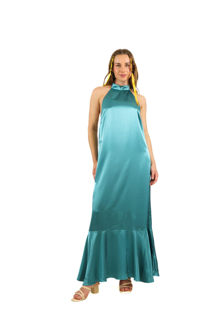 Arriendo de Vestido largo de seda celeste cuello halter