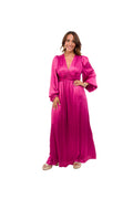 Vestido Largo Fucsia Metálico con Botones en Escote y Elástico en la Manga