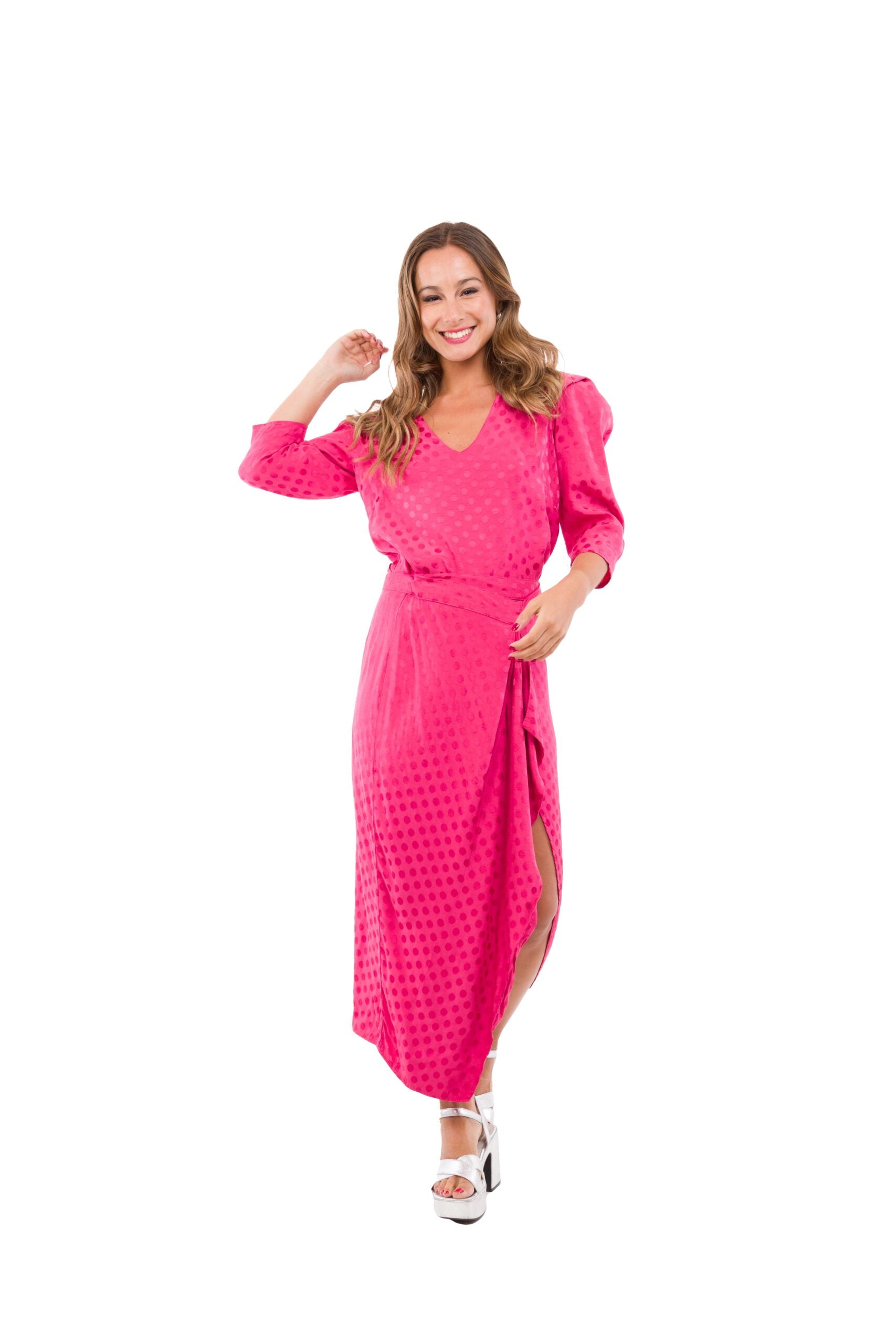Conjunto de Dos Piezas, Top y Pollera Rosada con Puntos Fucsia Tipo Pareo