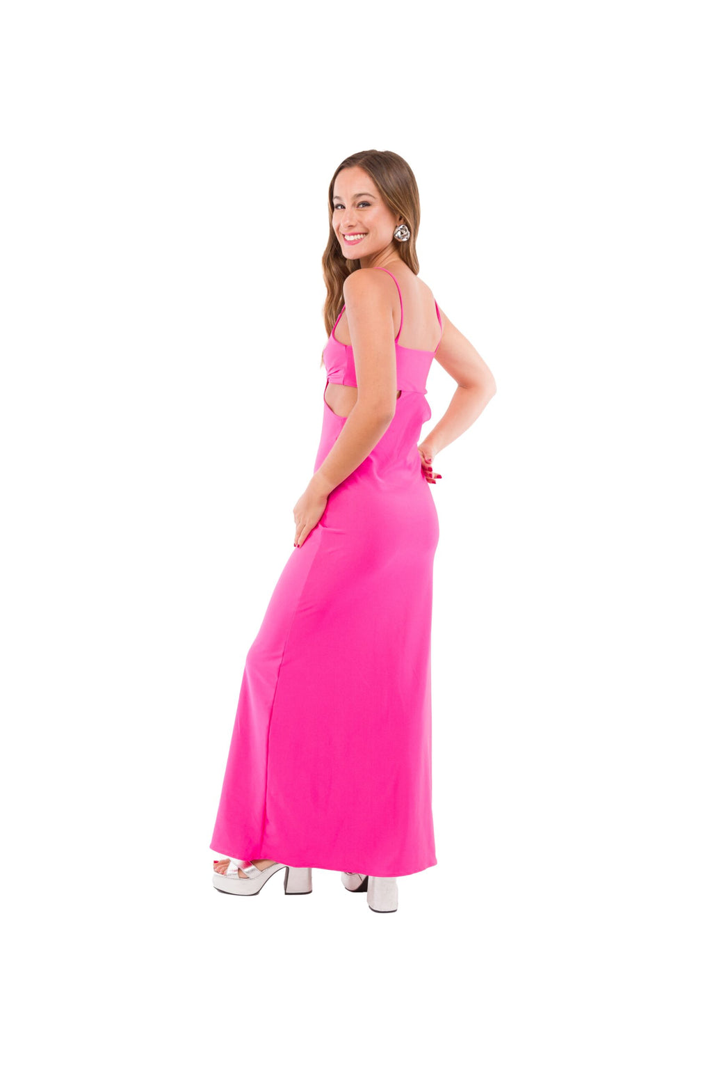 Vestido Largo Fucsia Enano con Cut Out Mini Tajo