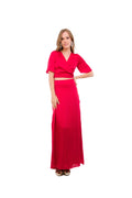 Conjunto de Dos Piezas, Top con Mangas y Tira Ajustable en Escote, y Pollera Roja de Seda