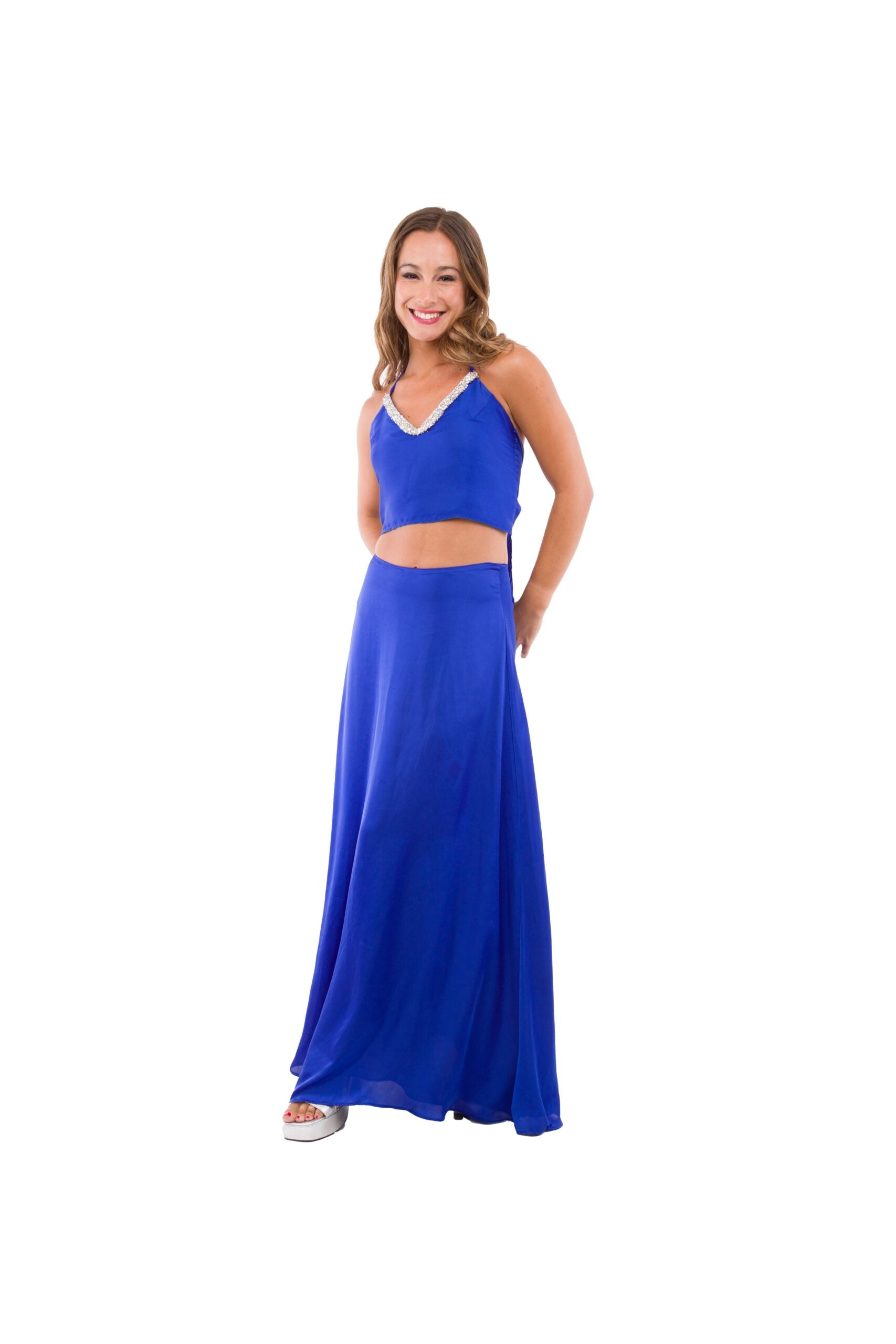 Conjunto de Dos Piezas, Top y Pollera Azul Rey con Detalles Plateados en Escote