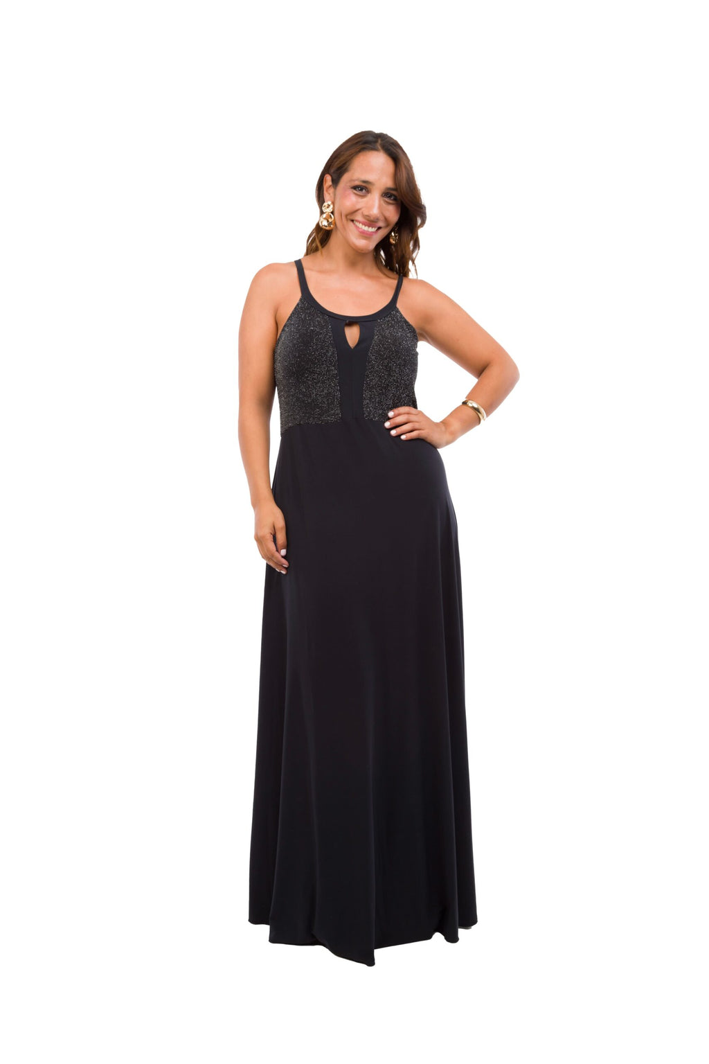 Vestido Largo Negro Cullo Halter con Brillos Plateados Arriba