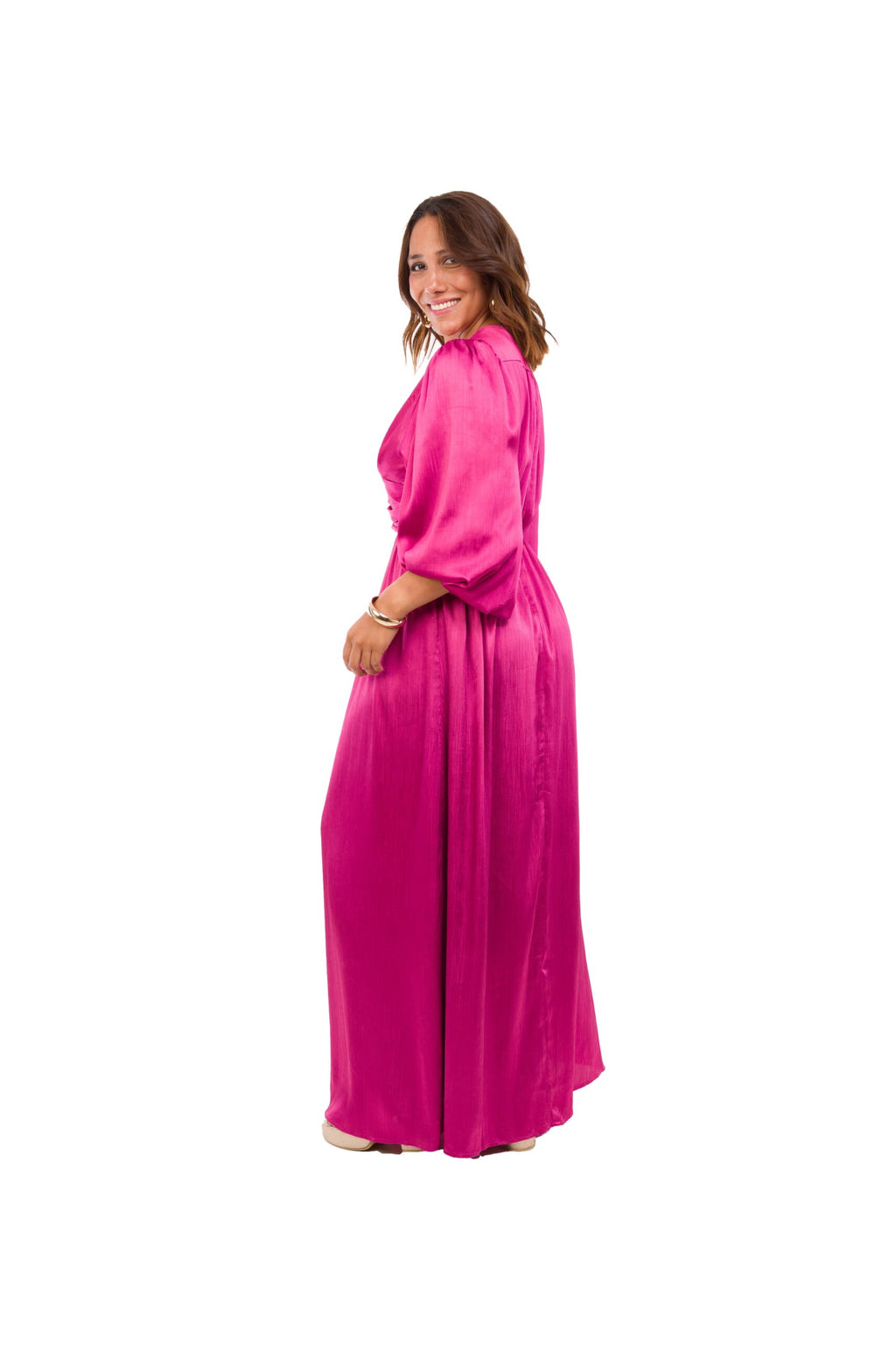 Vestido Largo Fucsia Metálico con Botones en Escote y Elástico en la Manga