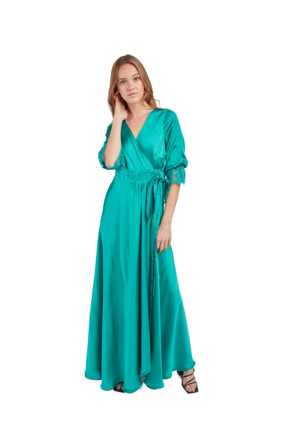 Arriendo de Vestido largo turquesa con mangas con encaje y ajustable en cintura