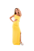 Vestido Largo de Lycra Amarillo con Cut Out en la Cintura y Cruce al Hombro
