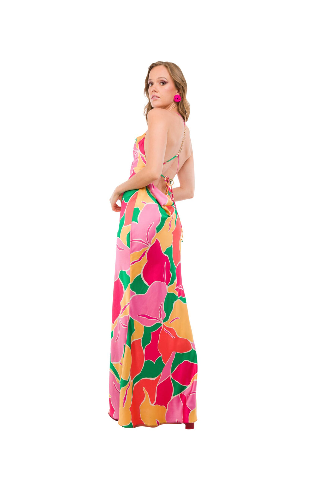 Vestido Largo Estampado Frutal con Cadena Dorada en Espalda