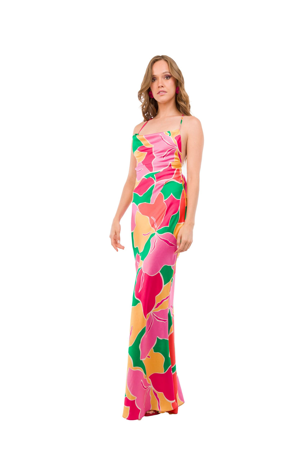Vestido Largo Estampado Frutal con Cadena Dorada en Espalda