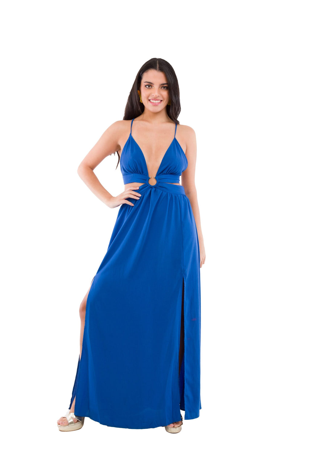 Vestido Largo Azul de Tela Gruesa Cut Out con Argolla en Cintura y Amarre en la Espalda