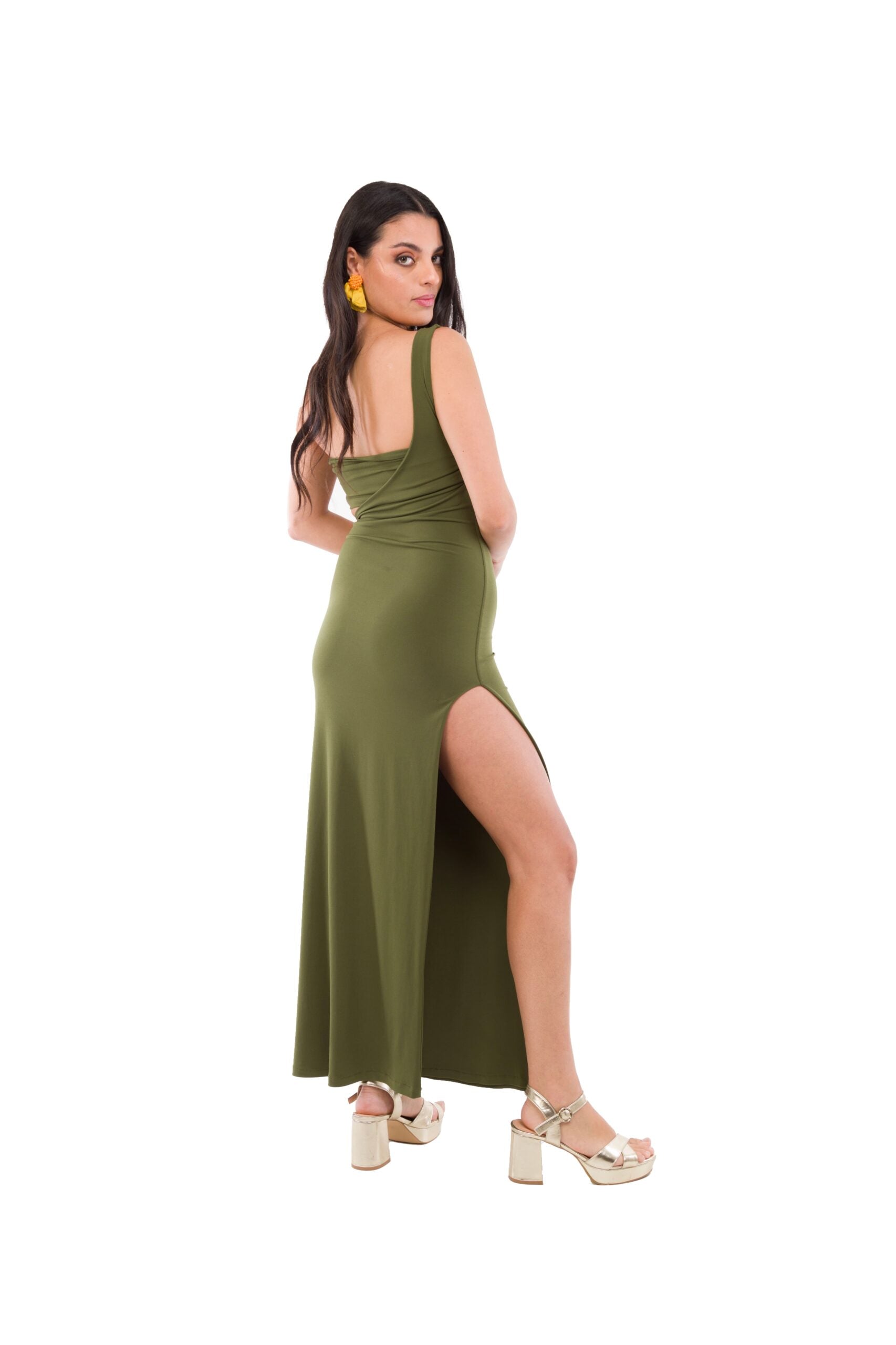 Vestido Largo de Lycra Verde Militar con Cut Out en la Cintura y Cruce al Hombro