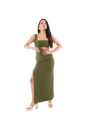 Vestido Largo de Lycra Verde Militar con Cut Out en la Cintura y Cruce al Hombro