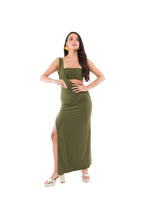 Vestido Largo de Lycra Verde Militar con Cut Out en la Cintura y Cruce al Hombro