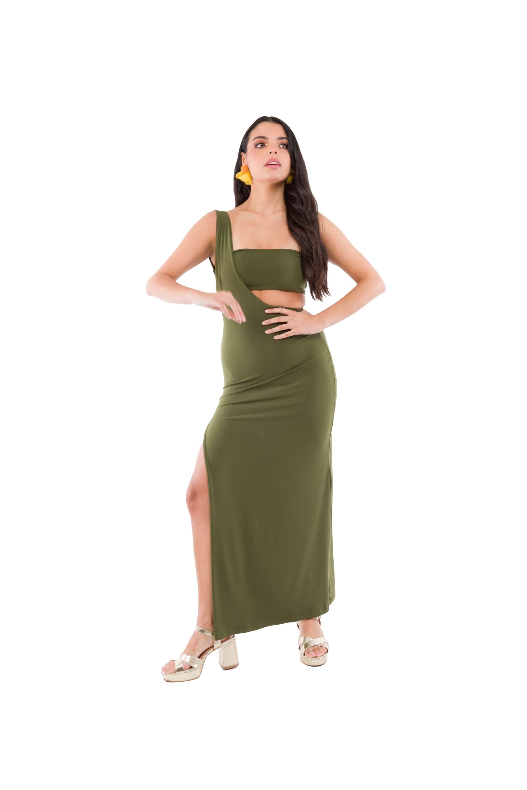 Vestido Largo de Lycra Verde Militar con Cut Out en la Cintura y Cruce al Hombro