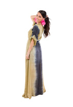 Vestido Largo India Chic Tajo al Medio con Mangas Verde con Azul Talla M
