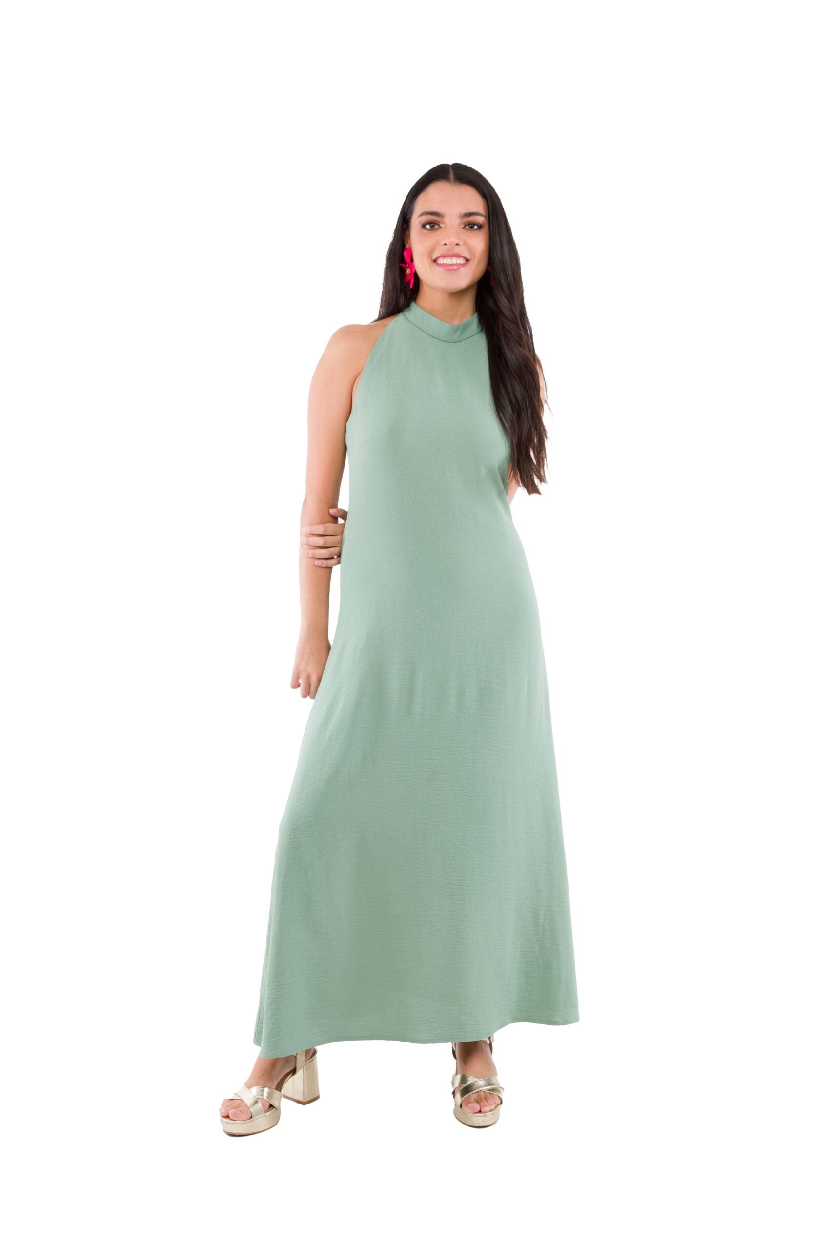Vestido Largo Verde Menta Cuello Halter Espalda Descubierta