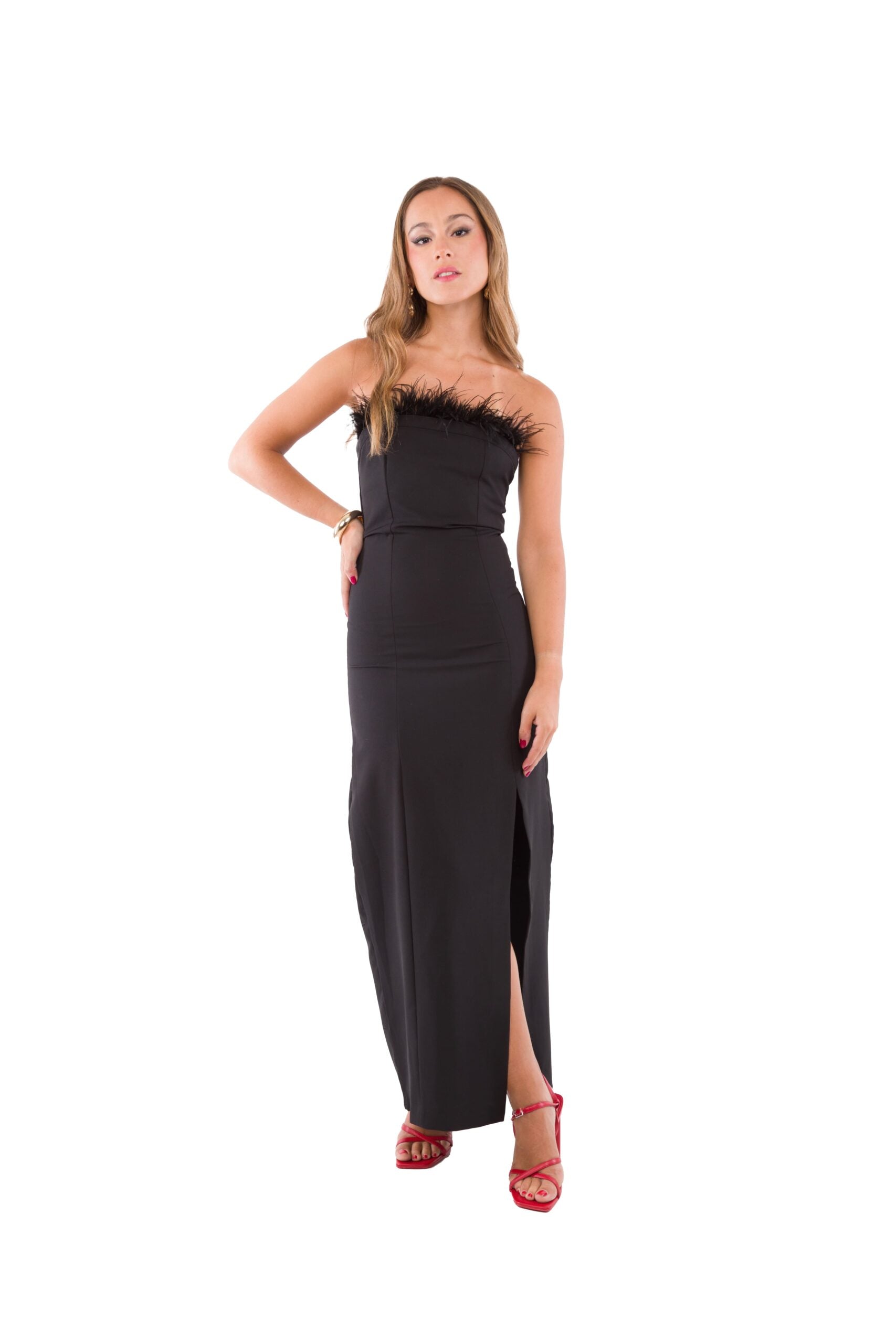 Vestido Largo Negro con Plumas en Escote Strapless Marca Saint Male Talla XS