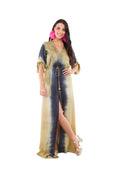 Vestido Largo India Chic Tajo al Medio con Mangas Verde con Azul Talla M