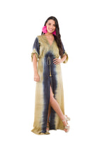Vestido Largo India Chic Tajo al Medio con Mangas Verde con Azul Talla M