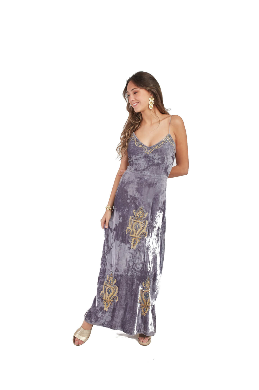 Arriendo de Vestido largo gris marca India Chic de plush con detalles dorados