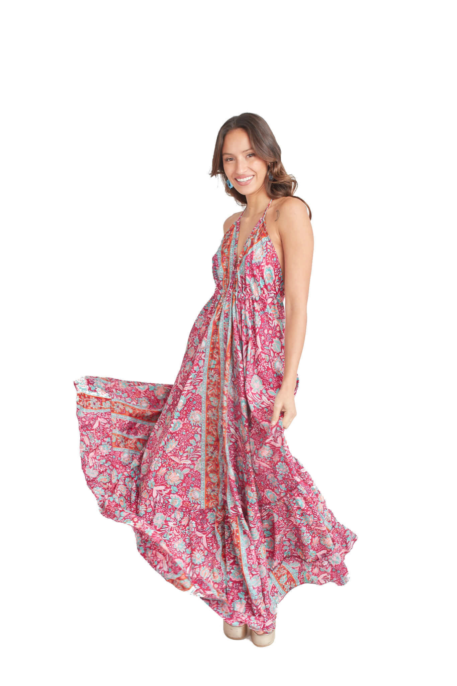 Arriendo de Vestido largo estampado marca Manvi morado con flores celeste y naranjo