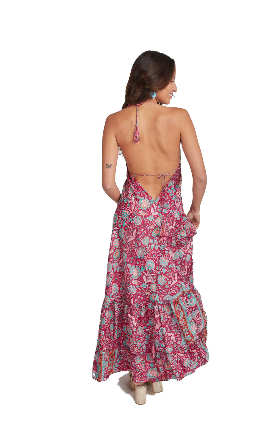 Arriendo de Vestido largo estampado marca Manvi morado con flores celeste y naranjo