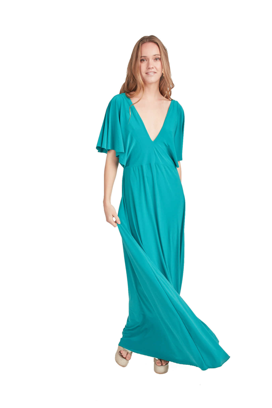 Arriendo de Vestido largo verde petroleo con manguitas de lycra