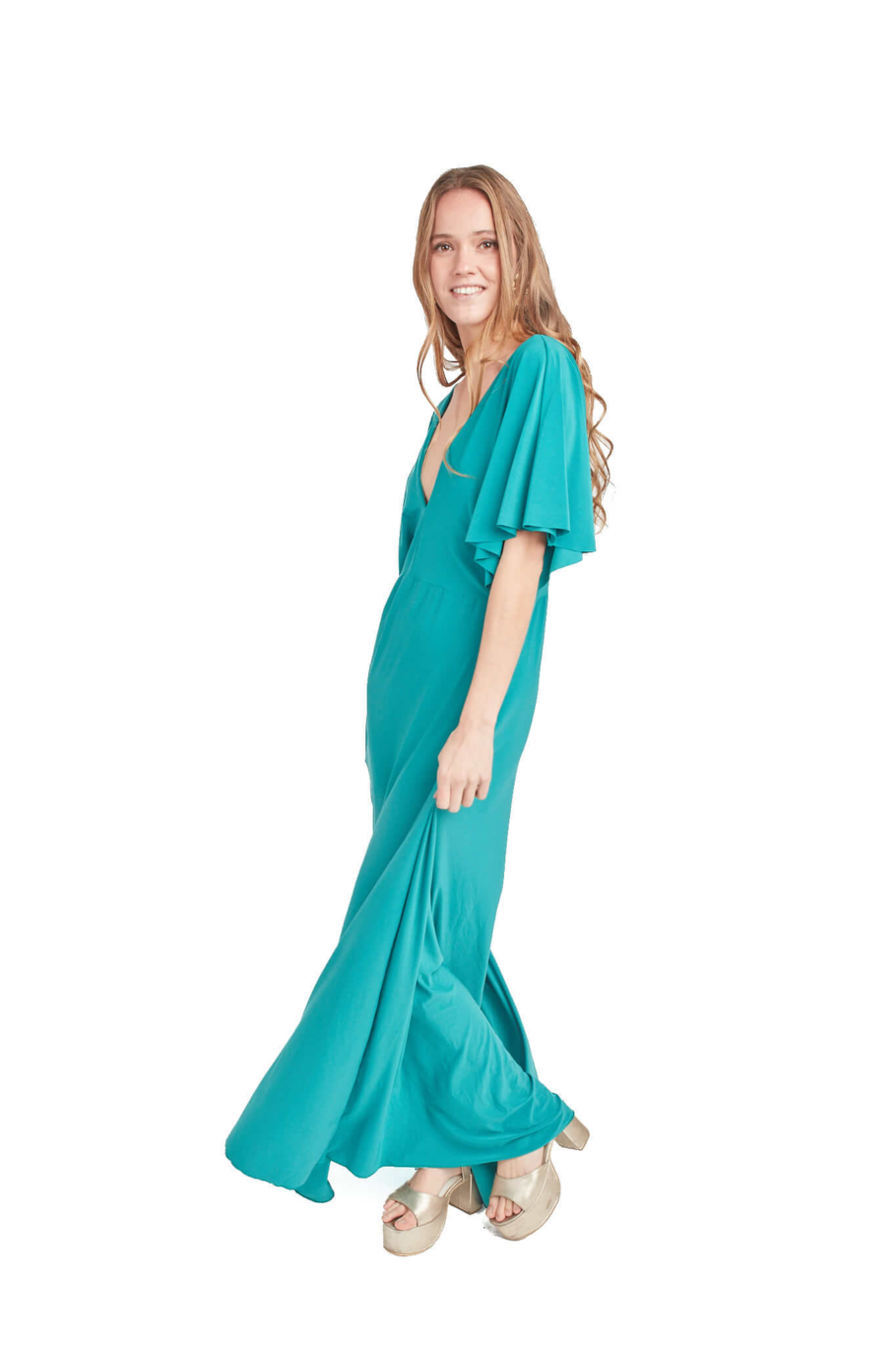 Arriendo de Vestido largo verde petroleo con manguitas de lycra