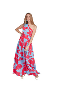 Arriendo de Vestido largo celeste claro con estampado de flores fucsia un hombro