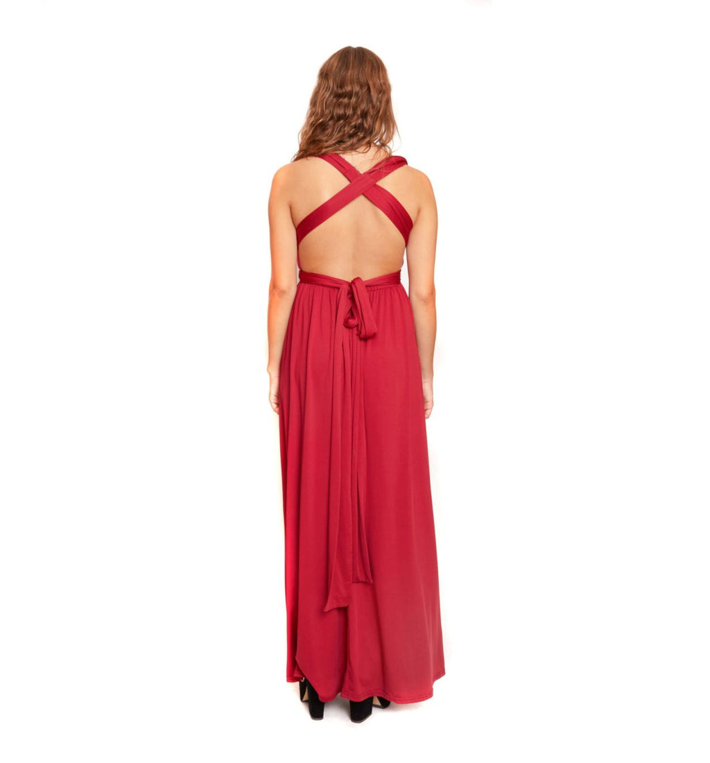 Vestido burdeo armable con detalles dorados