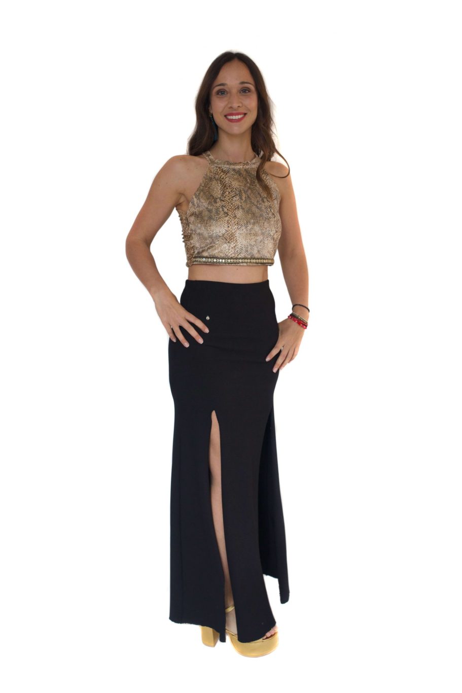 Arriendo de Conjunto top animal print y pollera negra larga