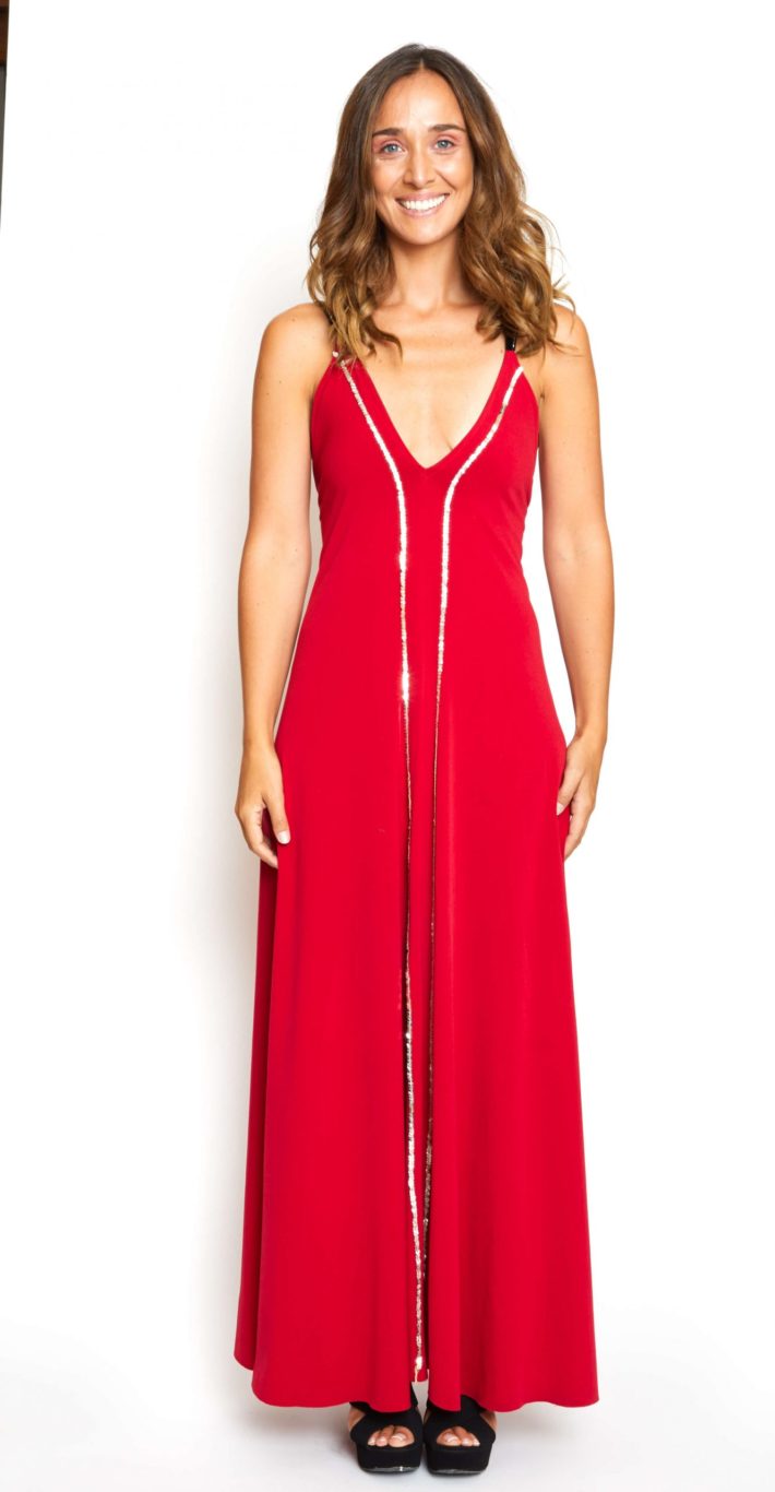 Vestido largo rojo italiano con detalles dorados