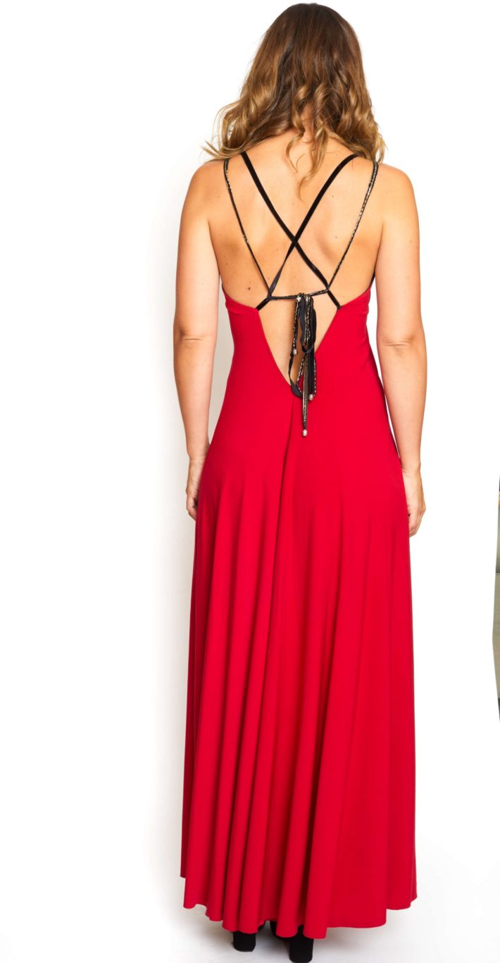 Vestido largo rojo italiano con detalles dorados