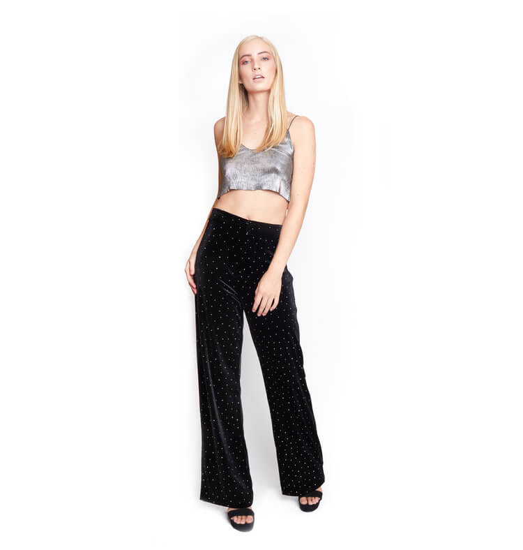 Arriendo de Crop top plateado brillante con pantalón negro