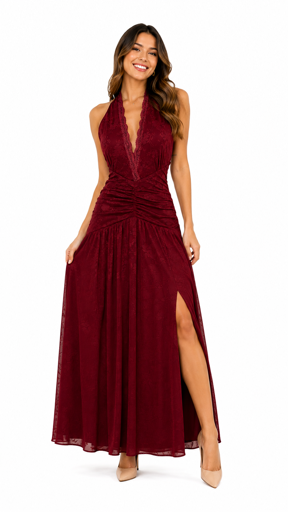 Vestido burdeo encaje España largo