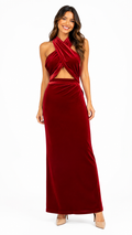 Arriendo de vestido burdeo de terciopelo largo
